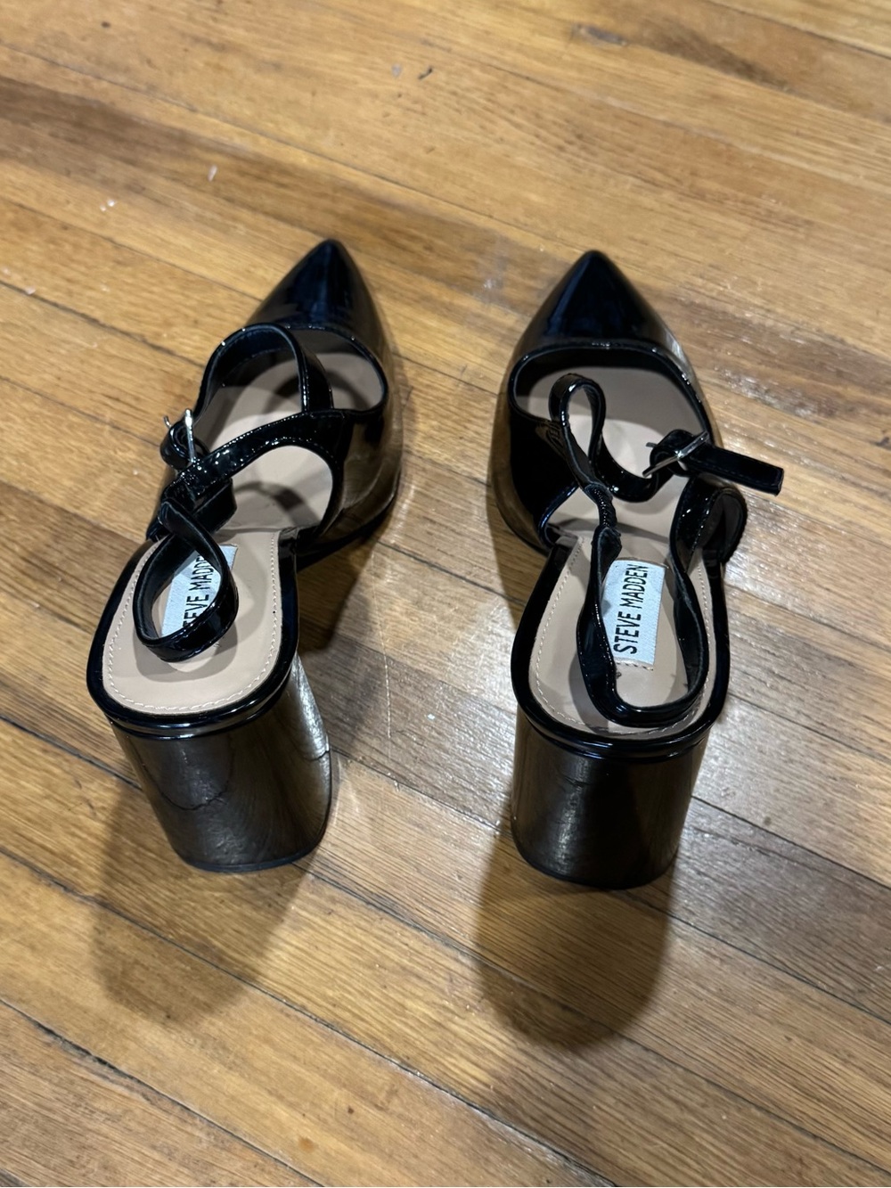 Steve Madden Maegan Black Patent Pointed Slingback Block Heels - Picture 5 of 9